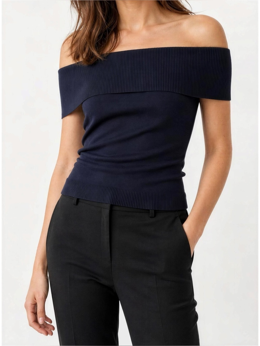 LILYSILK Off-Shoulder Silk Knit Top, Navy Blue, Small